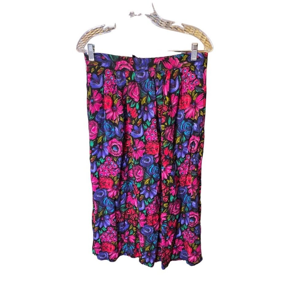 Vintage 80s Pliers Ltd Colorful Floral Midi Partial Elastic Waist Skirt